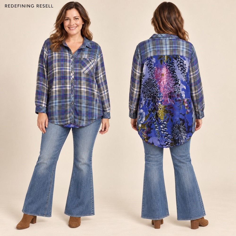 Soft Surroundings Blue Plaid Floral Silk Blend Back Button Down Shirt 29612